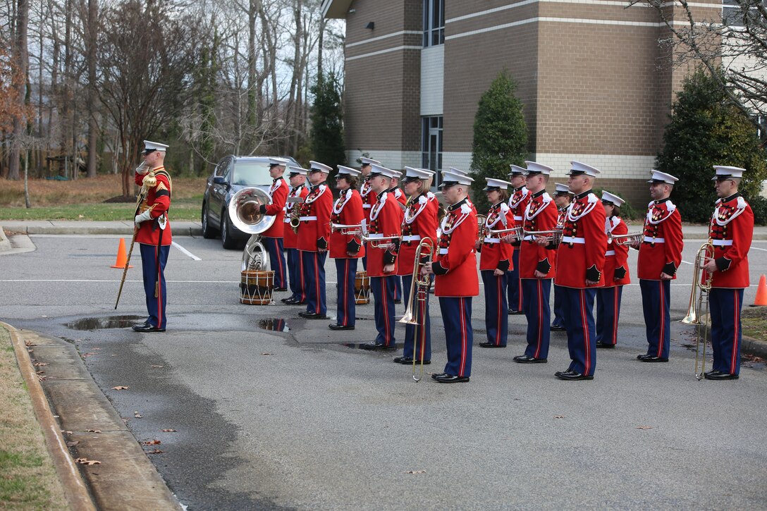On Feb. 20, 2018, the Marine Band participated in the funeral ceremony for Sgt. Maj. Robert E. Cleary, the 10th sergeant major of the Marine Corps, in Virginia Beach, Va. Cleary, born in Tewksbury, Mass., was the last Korean War veteran to serve as sergeant major of the Marine Corps, a post he assumed on June 28, 1983. (U.S. Marine Corps photo by Master Sgt. Amanda Simmons/released)