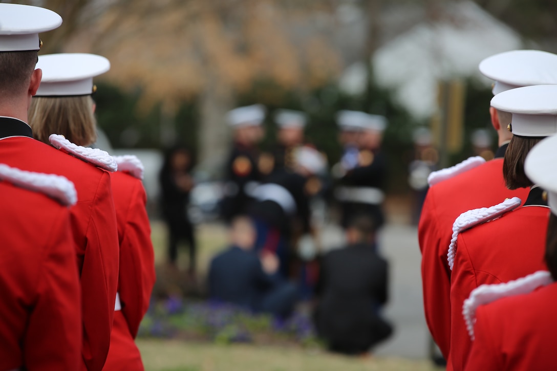 On Feb. 20, 2018, the Marine Band participated in the funeral ceremony for Sgt. Maj. Robert E. Cleary, the 10th sergeant major of the Marine Corps, in Virginia Beach, Va. Cleary, born in Tewksbury, Mass., was the last Korean War veteran to serve as sergeant major of the Marine Corps, a post he assumed on June 28, 1983. (U.S. Marine Corps photo by Master Sgt. Amanda Simmons/released)
