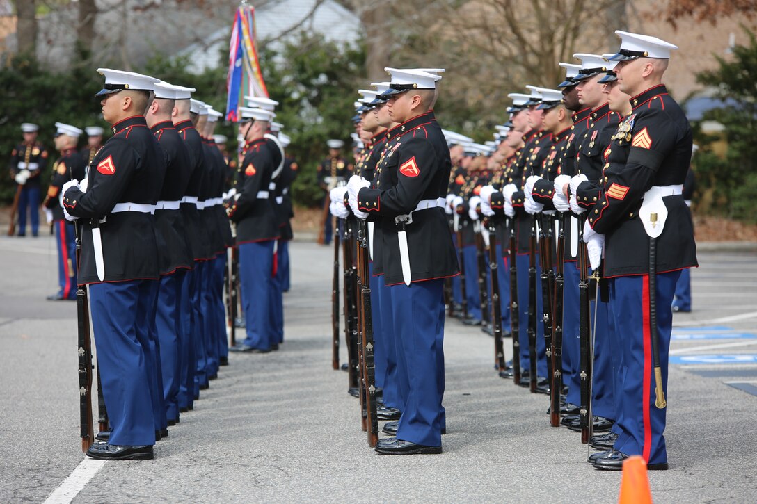 On Feb. 20, 2018, the Marine Band participated in the funeral ceremony for Sgt. Maj. Robert E. Cleary, the 10th sergeant major of the Marine Corps, in Virginia Beach, Va. Cleary, born in Tewksbury, Mass., was the last Korean War veteran to serve as sergeant major of the Marine Corps, a post he assumed on June 28, 1983. (U.S. Marine Corps photo by Master Sgt. Amanda Simmons/released)