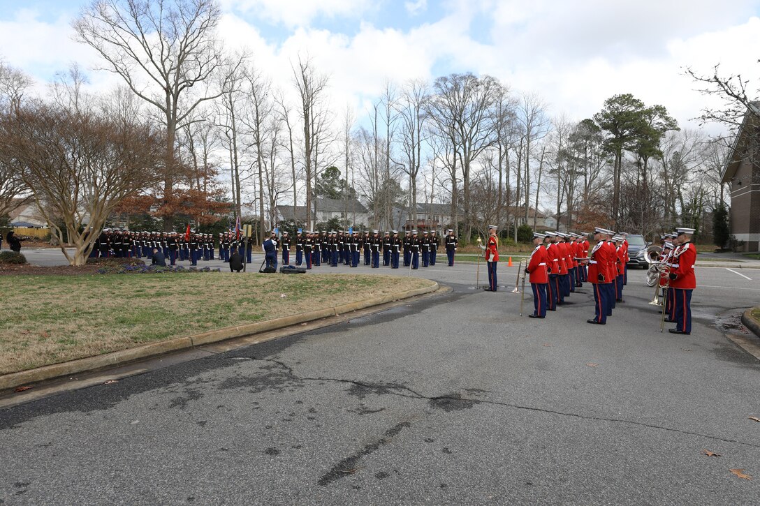 On Feb. 20, 2018, the Marine Band participated in the funeral ceremony for Sgt. Maj. Robert E. Cleary, the 10th sergeant major of the Marine Corps, in Virginia Beach, Va. Cleary, born in Tewksbury, Mass., was the last Korean War veteran to serve as sergeant major of the Marine Corps, a post he assumed on June 28, 1983. (U.S. Marine Corps photo by Master Sgt. Amanda Simmons/released)