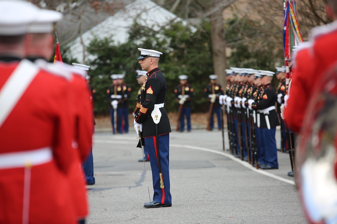 On Feb. 20, 2018, the Marine Band participated in the funeral ceremony for Sgt. Maj. Robert E. Cleary, the 10th sergeant major of the Marine Corps, in Virginia Beach, Va. Cleary, born in Tewksbury, Mass., was the last Korean War veteran to serve as sergeant major of the Marine Corps, a post he assumed on June 28, 1983. (U.S. Marine Corps photo by Master Sgt. Amanda Simmons/released)