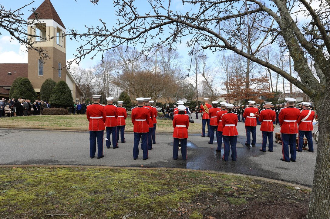 On Feb. 20, 2018, the Marine Band participated in the funeral ceremony for Sgt. Maj. Robert E. Cleary, the 10th sergeant major of the Marine Corps, in Virginia Beach, Va. Cleary, born in Tewksbury, Mass., was the last Korean War veteran to serve as sergeant major of the Marine Corps, a post he assumed on June 28, 1983. (U.S. Marine Corps photo by Master Sgt. Amanda Simmons/released)