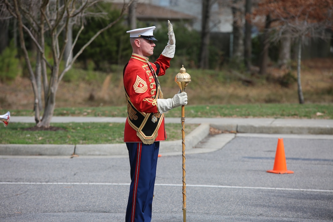 On Feb. 20, 2018, the Marine Band participated in the funeral ceremony for Sgt. Maj. Robert E. Cleary, the 10th sergeant major of the Marine Corps, in Virginia Beach, Va. Cleary, born in Tewksbury, Mass., was the last Korean War veteran to serve as sergeant major of the Marine Corps, a post he assumed on June 28, 1983. (U.S. Marine Corps photo by Master Sgt. Amanda Simmons/released)