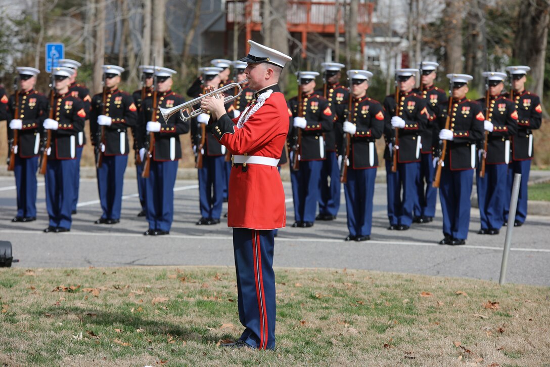 On Feb. 20, 2018, the Marine Band participated in the funeral ceremony for Sgt. Maj. Robert E. Cleary, the 10th sergeant major of the Marine Corps, in Virginia Beach, Va. Cleary, born in Tewksbury, Mass., was the last Korean War veteran to serve as sergeant major of the Marine Corps, a post he assumed on June 28, 1983. (U.S. Marine Corps photo by Master Sgt. Amanda Simmons/released)