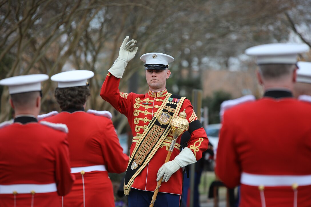 On Feb. 20, 2018, the Marine Band participated in the funeral ceremony for Sgt. Maj. Robert E. Cleary, the 10th sergeant major of the Marine Corps, in Virginia Beach, Va. Cleary, born in Tewksbury, Mass., was the last Korean War veteran to serve as sergeant major of the Marine Corps, a post he assumed on June 28, 1983. (U.S. Marine Corps photo by Master Sgt. Amanda Simmons/released)