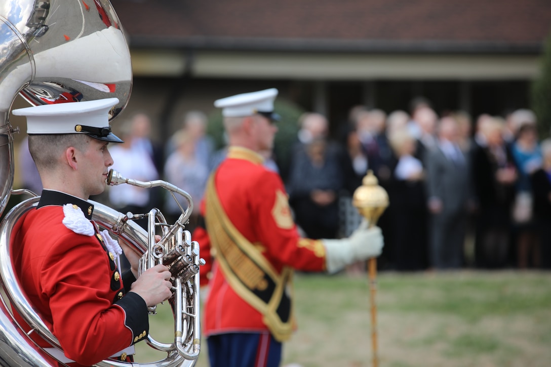 On Feb. 20, 2018, the Marine Band participated in the funeral ceremony for Sgt. Maj. Robert E. Cleary, the 10th sergeant major of the Marine Corps, in Virginia Beach, Va. Cleary, born in Tewksbury, Mass., was the last Korean War veteran to serve as sergeant major of the Marine Corps, a post he assumed on June 28, 1983. (U.S. Marine Corps photo by Master Sgt. Amanda Simmons/released)