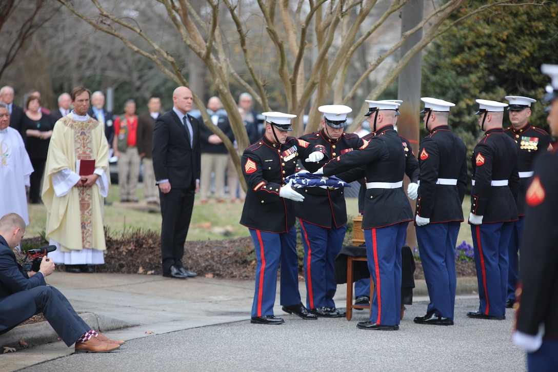On Feb. 20, 2018, the Marine Band participated in the funeral ceremony for Sgt. Maj. Robert E. Cleary, the 10th sergeant major of the Marine Corps, in Virginia Beach, Va. Cleary, born in Tewksbury, Mass., was the last Korean War veteran to serve as sergeant major of the Marine Corps, a post he assumed on June 28, 1983. (U.S. Marine Corps photo by Master Sgt. Amanda Simmons/released)
