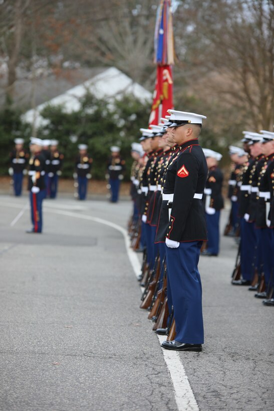 On Feb. 20, 2018, the Marine Band participated in the funeral ceremony for Sgt. Maj. Robert E. Cleary, the 10th sergeant major of the Marine Corps, in Virginia Beach, Va. Cleary, born in Tewksbury, Mass., was the last Korean War veteran to serve as sergeant major of the Marine Corps, a post he assumed on June 28, 1983. (U.S. Marine Corps photo by Master Sgt. Amanda Simmons/released)