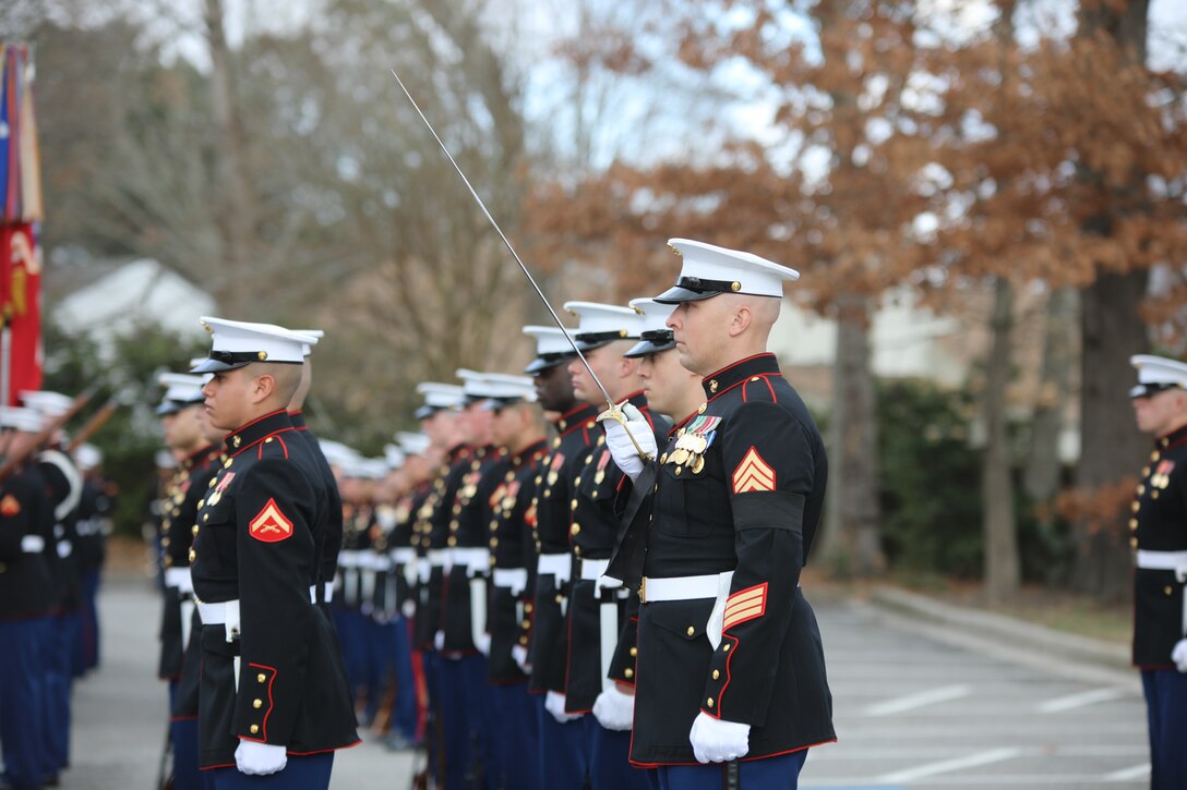 On Feb. 20, 2018, the Marine Band participated in the funeral ceremony for Sgt. Maj. Robert E. Cleary, the 10th sergeant major of the Marine Corps, in Virginia Beach, Va. Cleary, born in Tewksbury, Mass., was the last Korean War veteran to serve as sergeant major of the Marine Corps, a post he assumed on June 28, 1983. (U.S. Marine Corps photo by Master Sgt. Amanda Simmons/released)