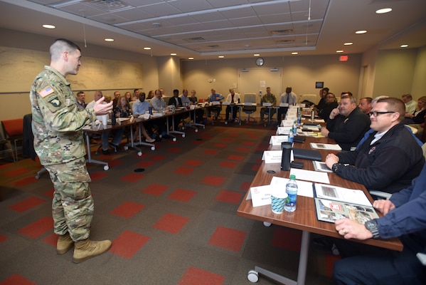 Lt. Col. Cullen Jones, U.S. Army Corps of Engineers Nashville District commander, welcomes Corps employees and state emergency managers present for a water management tabletop exercise Feb. 27, 2018 at the district headquarters in Nashville, Tenn. (USACE Photo by Lee Roberts)