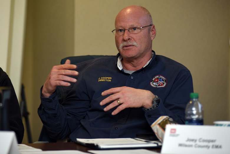 Joey Cooper, Wilson County Emergency Management Agency director, gives input during a water management tabletop exercise Feb. 27, 2018 with U.S. Army Corps of Engineers Nashville District and state emergency managers at the district headquarters in Nashville, Tenn. (USACE Photo by Lee Roberts)