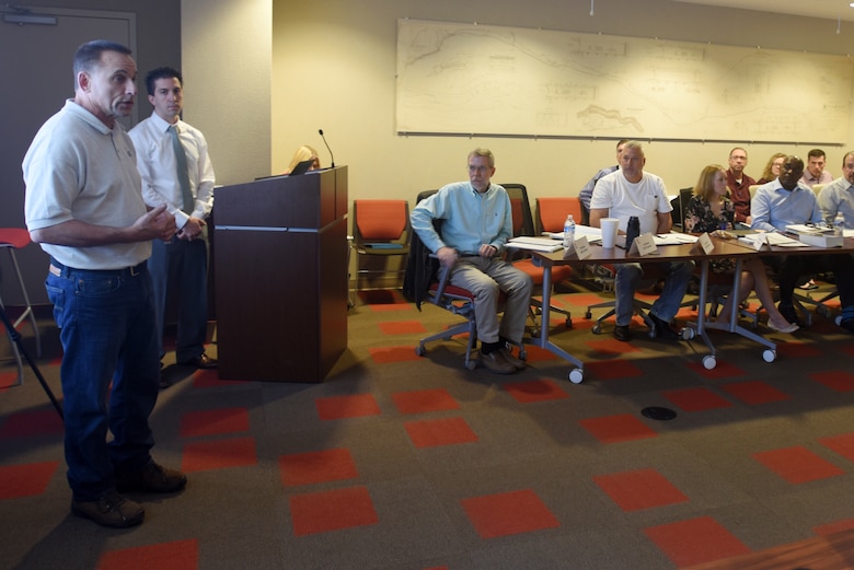 Jerry Breznican, U.S. Army Corps of Engineers Nashville District Emergency Management chief, facilitates a water management tabletop exercise Feb. 27, 2018 with Corps members and state emergency managers at the district headquarters in Nashville, Tenn. (USACE Photo by Leon Roberts)