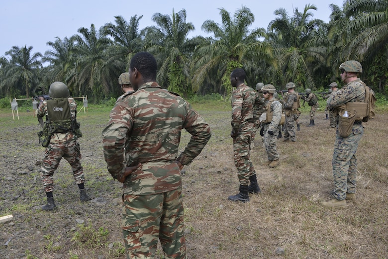 U.S. Marines assigned to Special Purpose Marine Air-Ground Task Force-Crisis Response-Africa ground combat element trained with the Cameroon Marines in infantry tactics at a training site in Cameroon, Feb. 13, 2018. SPMAGTF-CR-AF is deployed to conduct theater-security operations in Europe and Africa.