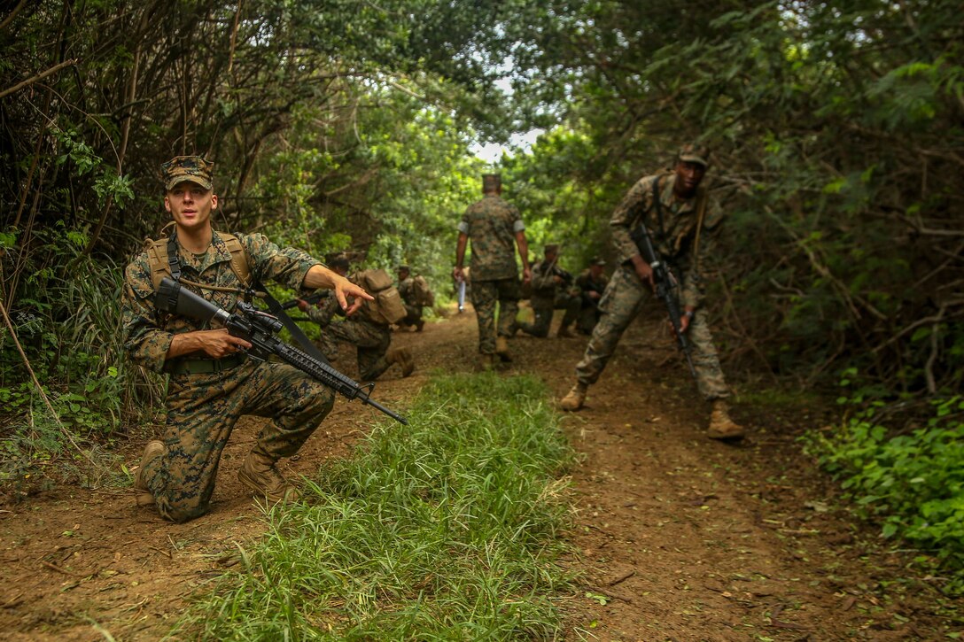 A kneeling Marine points while surrounded by other Marines.