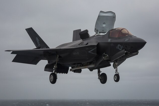 An F-35B Lightning II performs deck landing qualifications on the USS Wasp (LHD-1), March 5, 2018.