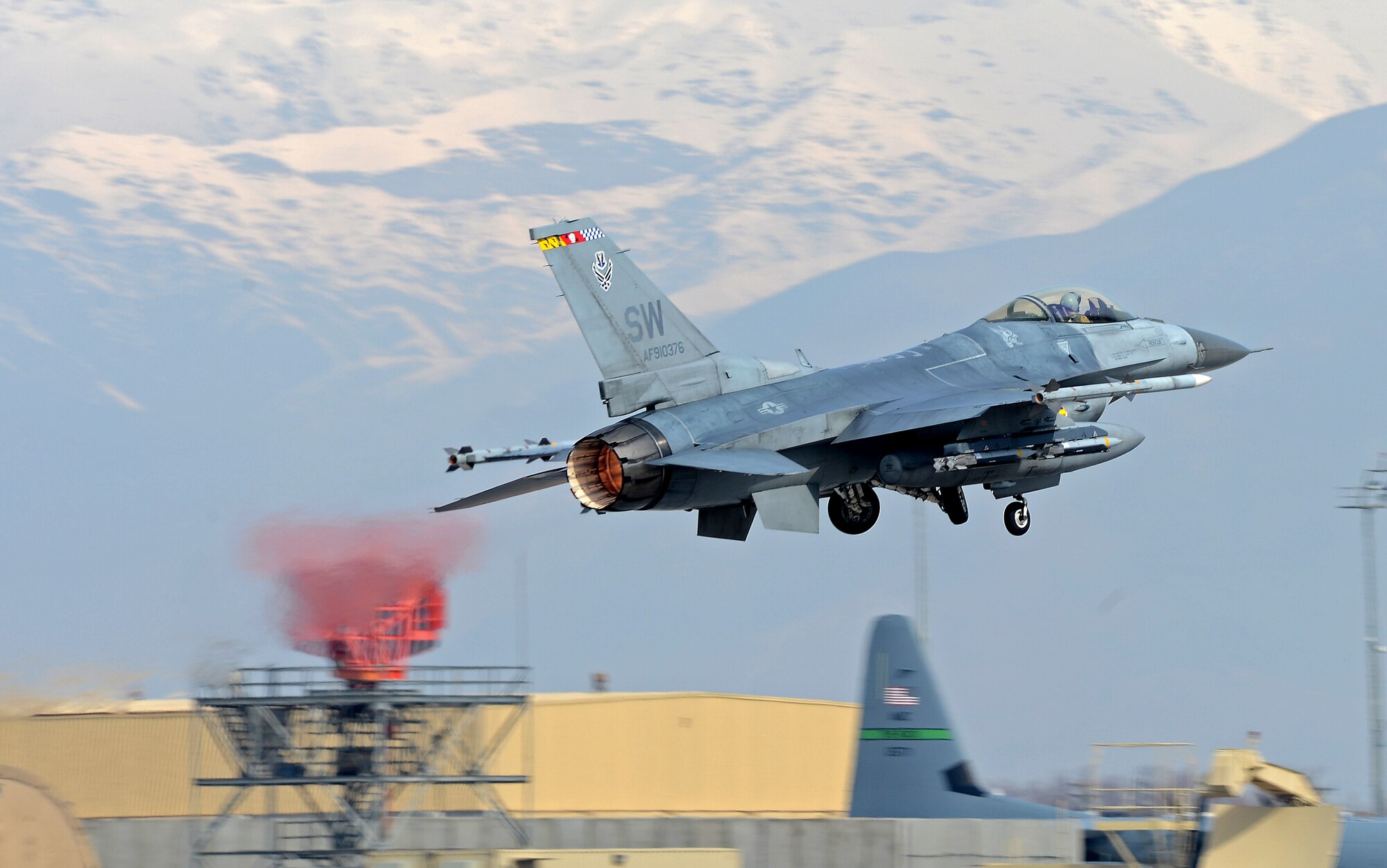 “Mach” (center), 77th Expeditionary Fighter Squadron F-16 Fighting Falcon fighter pilot, takes off from Bagram Airfield, Afghanistan Feb. 28, 2018.