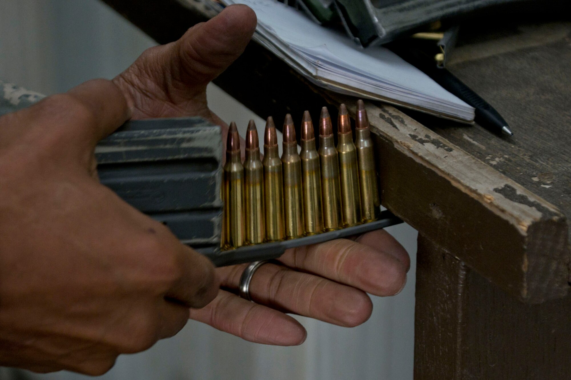 A U.S. Air Reserve Airman assigned to the 96th Ariel Port Squadron, loads a M4 Carbine magazine with 5.56 NATO rounds during weapons training Feb. 10, 2018, at Little Rock Air Force Base, Ark.