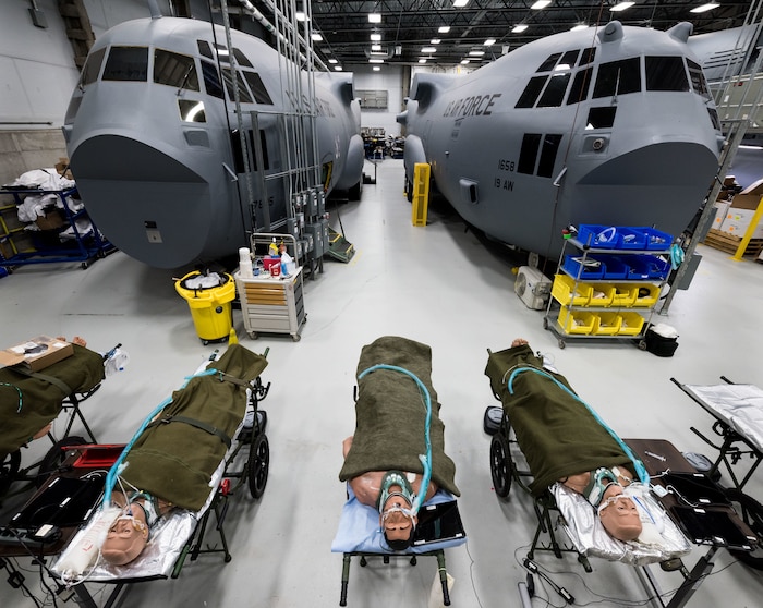 U.S. Airmen, active-duty, Reservists and Air National Guard, as well as, members of other services and partner nations, receive flight nurse training in advanced C-17 and C-130 simulators at the 711th Human Performance Wing's U.S. Air Force School of Aerospace Medicine at Wright Patterson AFB, Ohio, Jan. 29, 2018. (U.S. Air Force photo by J.M. Eddins Jr.)
