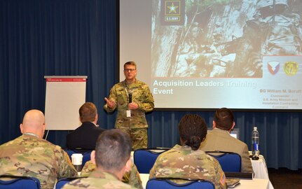 Brig. Gen. Bill Boruff welcomes Army contracting leaders from throughout the Mission and Installation Contracting Command March 6 and sets expectations for the three-day 2018 Acquisition Leaders Training Event at Joint Base San Antonio-Fort Sam Houston. More than 60 leaders from the MICC headquarters and its subordinate organizations throughout the country are participating in the ALTE. Boruff is the MICC commanding general.