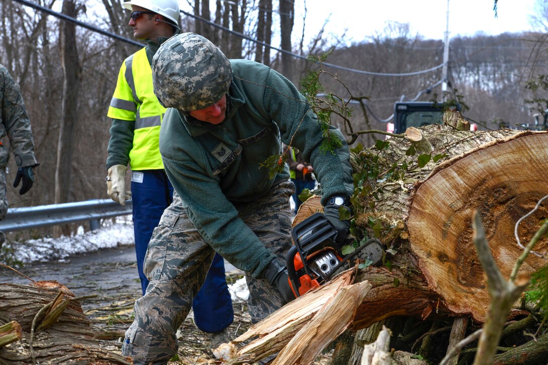 An airman cuts up a fallen tree.
