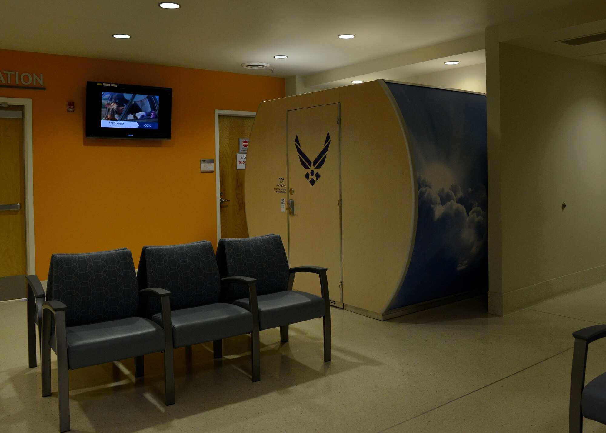 The Mamava lactation pod located in the pediatrics clinic check-in is one of two recently put in at Langley Air Force Base, Virginia. The Langley hospital encourages breastfeeding for health reasons. (U.S. Air Force photo by Airman 1st Class Alexandra Singer)