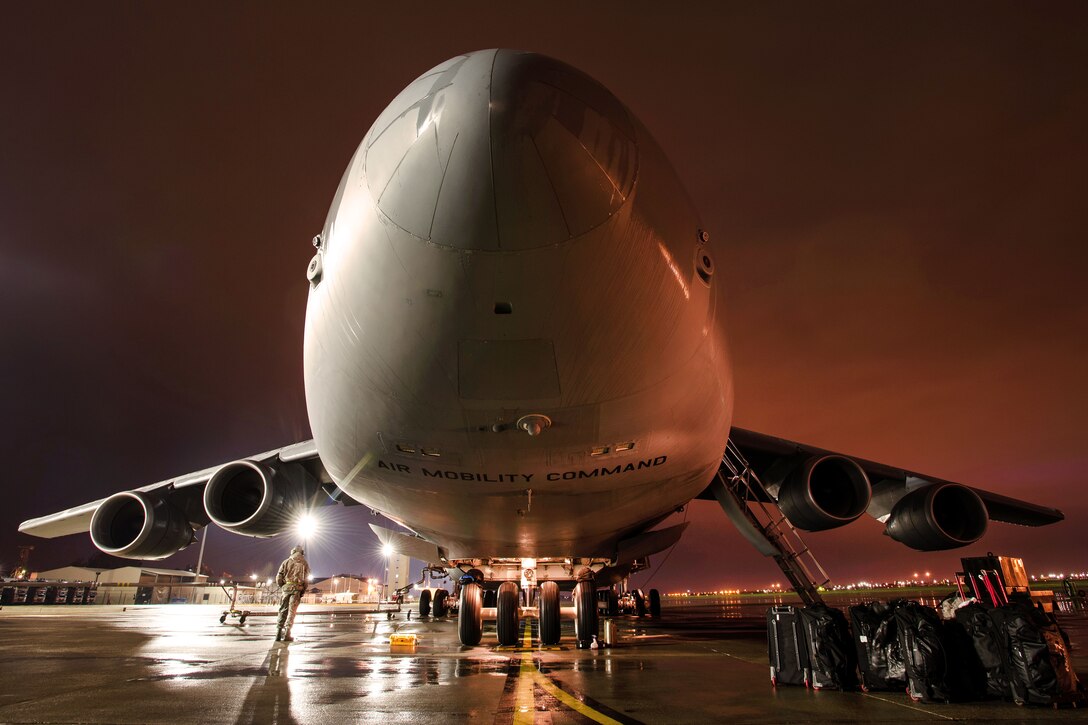 An Air Force C-5M Super Galaxy aircraft sits on the flight line.