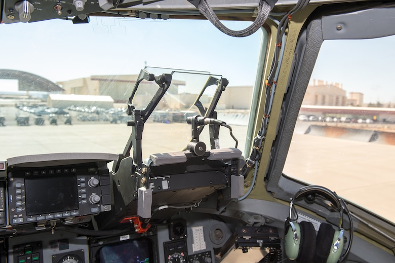 One of two Replacement Head-Up Displays installed on an Edwards C-17 Globemaster III for testing. The new system has an advanced optical design with a wide field of view. The RHUD computer also has enhanced processing and graphic capabilities. The RHUD is also designed to be installed and removed easier for maintenance. (U.S. Air Force photo by Kyle Larson)