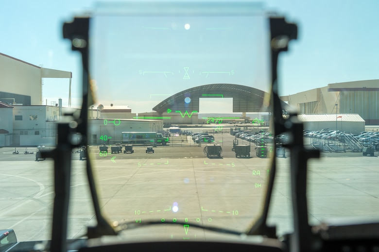 The view of the wash rack on the Edwards flight line through the Replacement Head-Up Display on an a C-17 Globemaster III. The Air Force is looking to see if the RHUD can supplant the legacy display with a newer, more capable version. (U.S. Air Force photo by Kyle Larson)