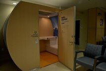 The Mamava lactation pods are spacious, lockable, and can also fit strollers, wheelchairs, walkers, canes and other equipment. They also include power outlets, USB plugs, and a pull-out table. (U.S. Air Force photo by Airman 1st Class Alexandra Singer)