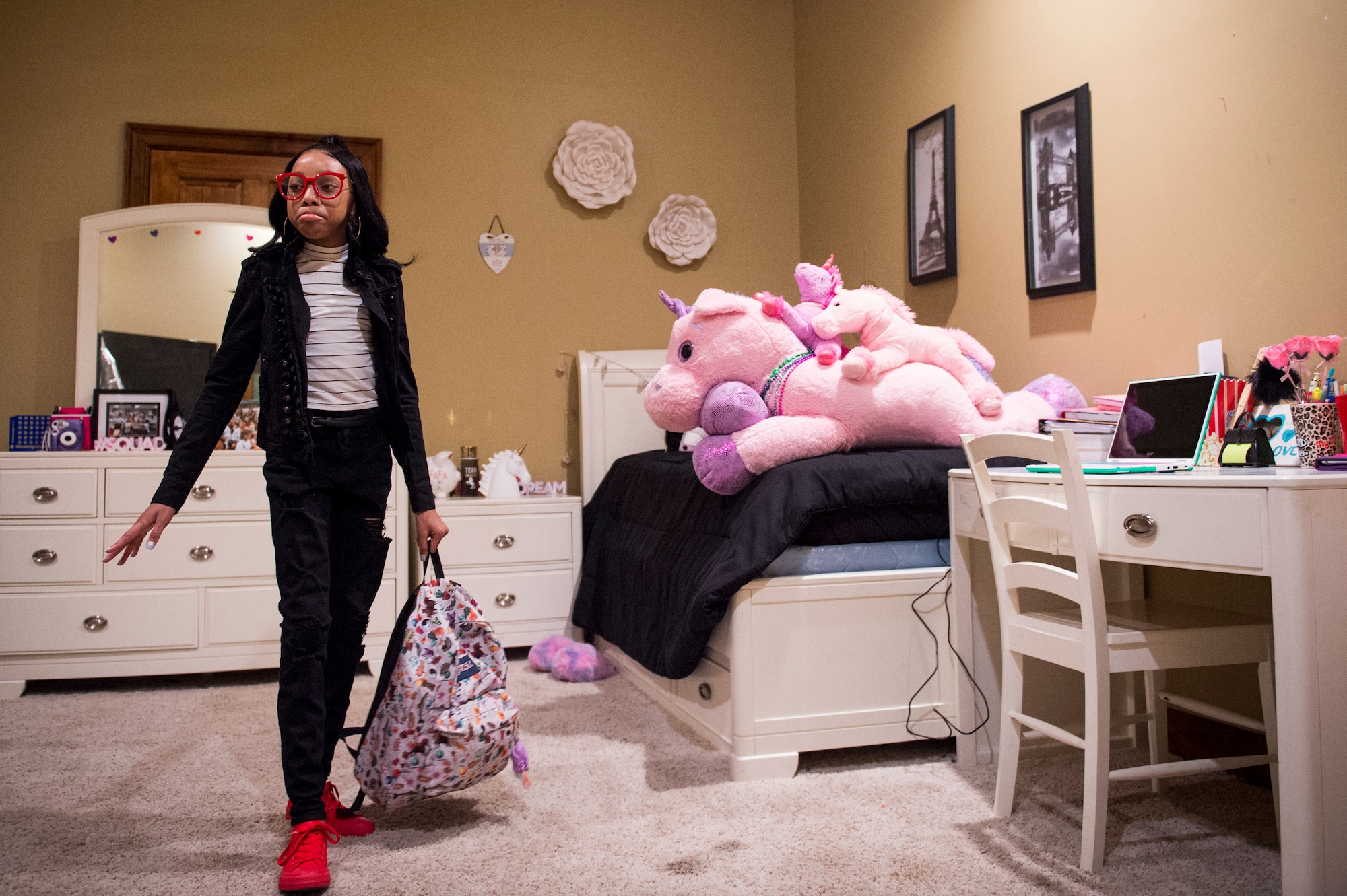 Zara, daughter of Tech. Sgt. Jean “Jay” Fleurantin, 723d Aircraft Maintenance Squadron electronic warfare technician, prepares for her first day of school since being diagnosed with Acute Myeloid Leukemia Jan. 9, 2018, in Hahira, Ga. Zara was diagnosed with Acute Myeloid Leukemia in January 2017 and after numerous unsuccessful rounds of chemotherapy, Jay donated bone marrow as a last resort and in May 2017 the doctors announced Zara’s cancer was in full remission. (U.S. Air Force photo by Staff Sgt. Ceaira Tinsley)