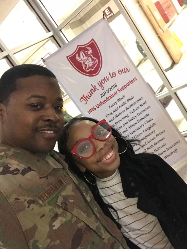 Tech. Sgt. Jean “Jay” Fleurantin, 723d Aircraft Maintenance Squadron electronic warfare technician, and his daughter, Zara, take a selfie during her first-day back to school Jan. 9, 2018, in Hahira, Ga. Zara was diagnosed with Acute Myeloid Leukemia in January 2017 and after numerous unsuccessful rounds of chemotherapy, Jay donated bone marrow from his hip as a last resort to save his daughter’s life and in May 2017 the doctors announced that Zara’s cancer was in full remission. (Courtesy photo)