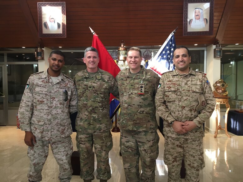 Congratulations all around, following COL Martin Jung's promotion ceremony 6 March 2018: (left to right) 1LT Dashti, COL Scott Lowdermilk, COL Martin Jung and COL Al Salal.