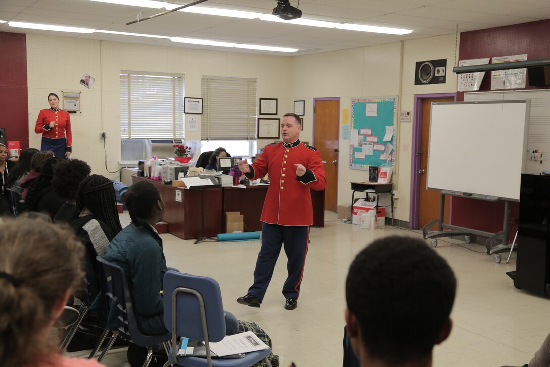 On March 7, 2018 vocalists from "The President's Own" U.S. Marine Band performed a Music in the High Schools program at Bowie High School in Bowie, Md. (U.S. Marine Corps photo by Master Sgt. Kristin duBois/released)