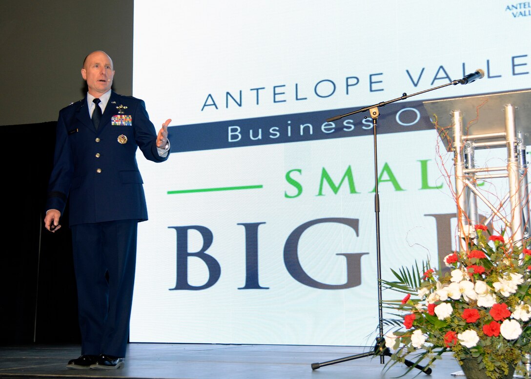 Brig. Gen. Carl Schaefer, 412th Test Wing commander, speaks at the Antelope Valley Board of Trade's 46th Annual Business Outlook Conference at the Antelope Valley Fairgrounds in Lancaster, California, Mar. 2. (U.S. Air Force photo by Michelle Thomas)