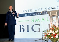 Brig. Gen. Carl Schaefer, 412th Test Wing commander, speaks at the Antelope Valley Board of Trade's 46th Annual Business Outlook Conference at the Antelope Valley Fairgrounds in Lancaster, California, Mar. 2. (U.S. Air Force photo by Michelle Thomas)