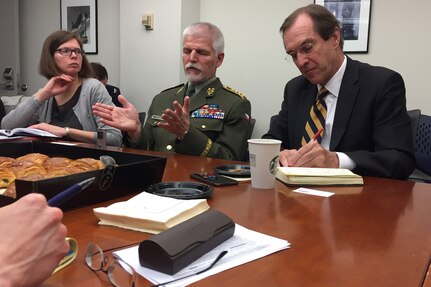 Gen. Petr Pavel of the Czech army, center, the chairman of NATO’s Military Committee, answers a question at a Defense Writers Group.