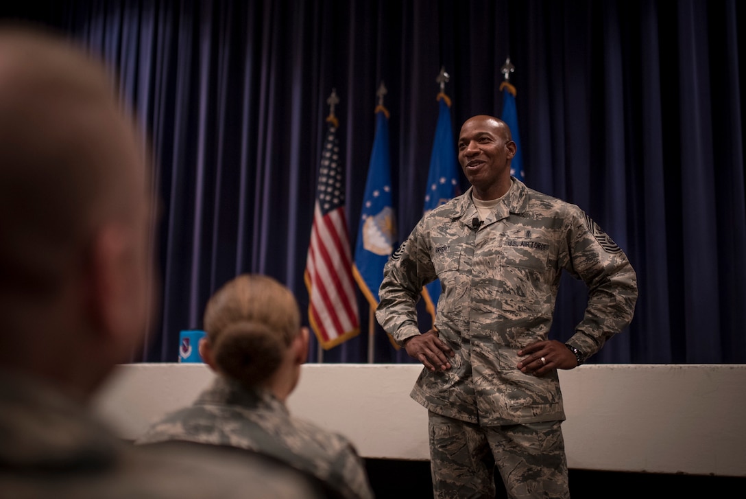 Chief Master Sgt. Wright gives all call at Peterson AFB