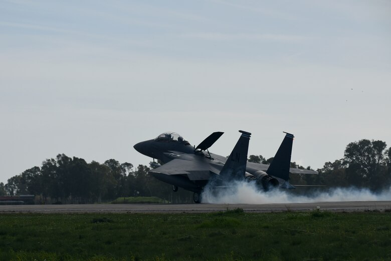An F-15E Strike Eagle, assigned to the 492nd Fighter Squadron from Royal Air Force Lakenheath, England, arrives at Andravida Air Base, Greece, March 7. The 492nd FS is scheduled to participate in INIOHOS 18, a Hellenic Air Force-led, large force flying exercise that is slated to involve seven countries and over 50 aircraft. (U.S. Air Force photo/Airman 1st Class Eli Chevalier)