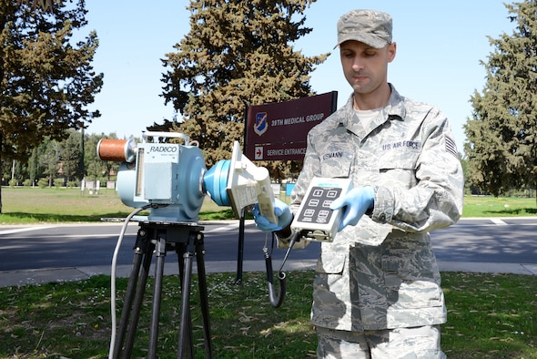 U.S. Air Force Tech. Sgt. Eduardo Ausmann, 39th Medical Support Squadron bioenvironmental engineering flight NCO in charge, collects a radiological background reading with a Radeco high volume air sampler at Incirlik Air Base, Turkey, March 8, 2018.