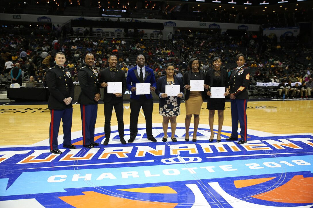 The United States Marine Corps recognized outstanding student athlete advisory committee (SAAC) students during the Central Intercollegiate Athletic Association (CIAA) men’s semifinals of the CIAA Basketball Tournament at the Spectrum Center in Charlotte, NC, March 2. During the tournament, the CIAA took time to recognize the contributions and successes of 100 years of women in the Marine Corps with a presentation during the men's semifinals.