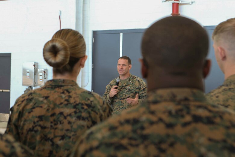 Col. Joseph Clearfield, the commanding officer of the 15th Marine Expeditionary Unit, thanks the Marines and Sailors of Marine Medium Tiltrotor Squadron 161 (Reinforced) for their professionalism and dedication throughout the deployment, March 5, 2018. The 15th MEU is one of seven Marine Expeditionary Units currently in existence in the United States Marine Corps. The MEU's mission is to provide a rapid-response force capable of conducting conventional amphibious and maritime operations from sea, surface or air.