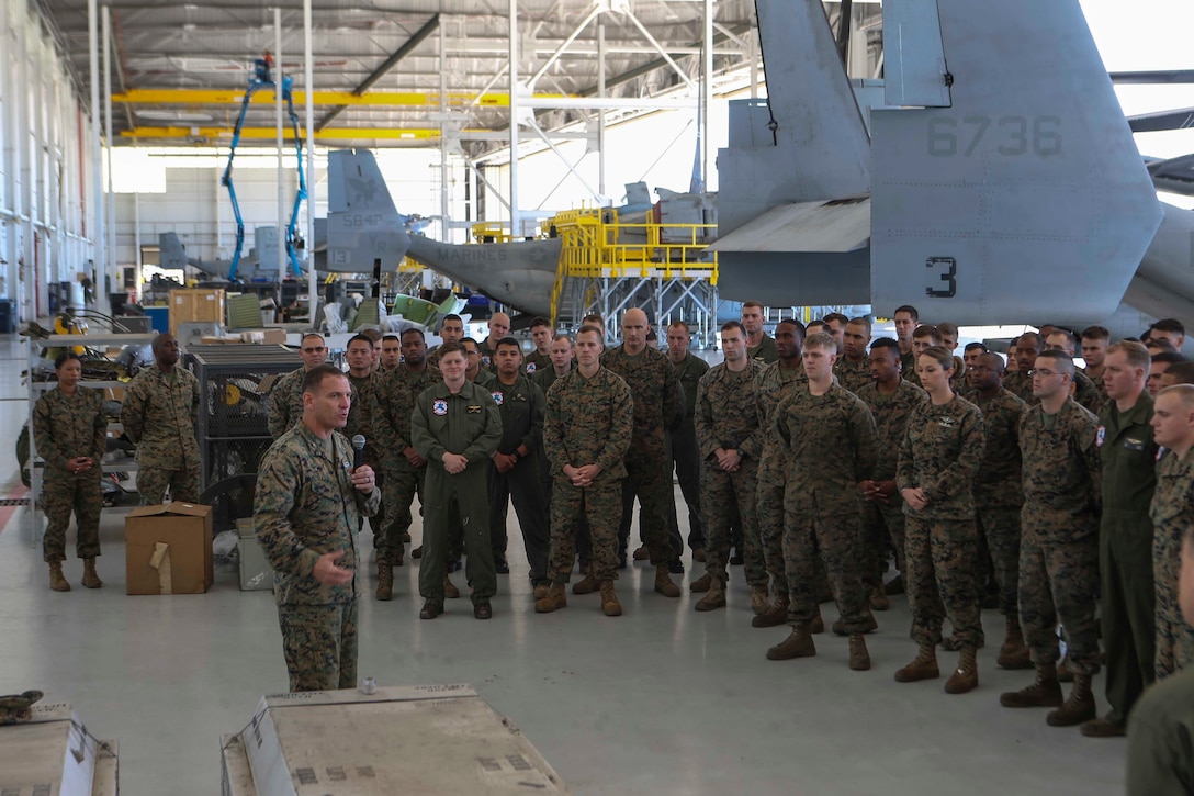 Col. Joseph Clearfield, the commanding officer of the 15th Marine Expeditionary Unit, thanks the Marines and Sailors of Marine Medium Tiltrotor Squadron 161 (Reinforced) for their professionalism and dedication throughout the deployment, March 5, 2018. The 15th MEU is one of seven Marine Expeditionary Units currently in existence in the United States Marine Corps. The MEU's mission is to provide a rapid-response force capable of conducting conventional amphibious and maritime operations from sea, surface or air.