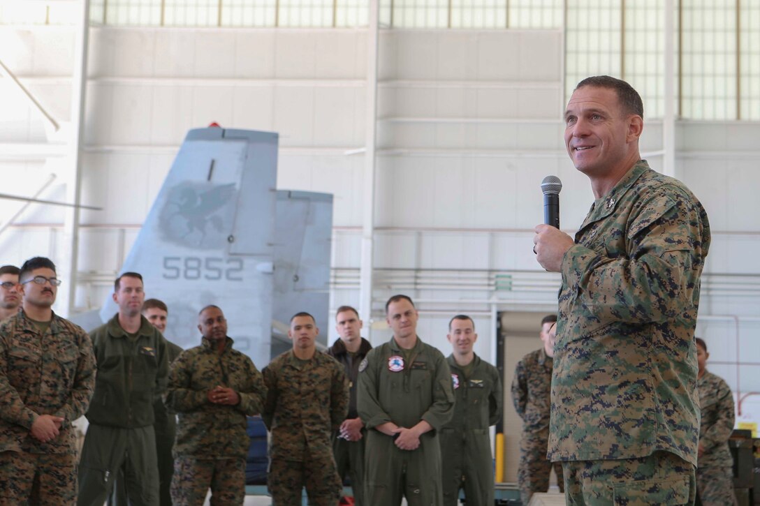 Col. Joseph Clearfield, the commanding officer of the 15th Marine Expeditionary Unit, thanks the Marines and Sailors of Marine Medium Tiltrotor Squadron 161 (Reinforced) for their professionalism and dedication throughout the deployment, March 5, 2018. The 15th MEU is one of seven Marine Expeditionary Units currently in existence in the United States Marine Corps. The MEU's mission is to provide a rapid-response force capable of conducting conventional amphibious and maritime operations from sea, surface or air.