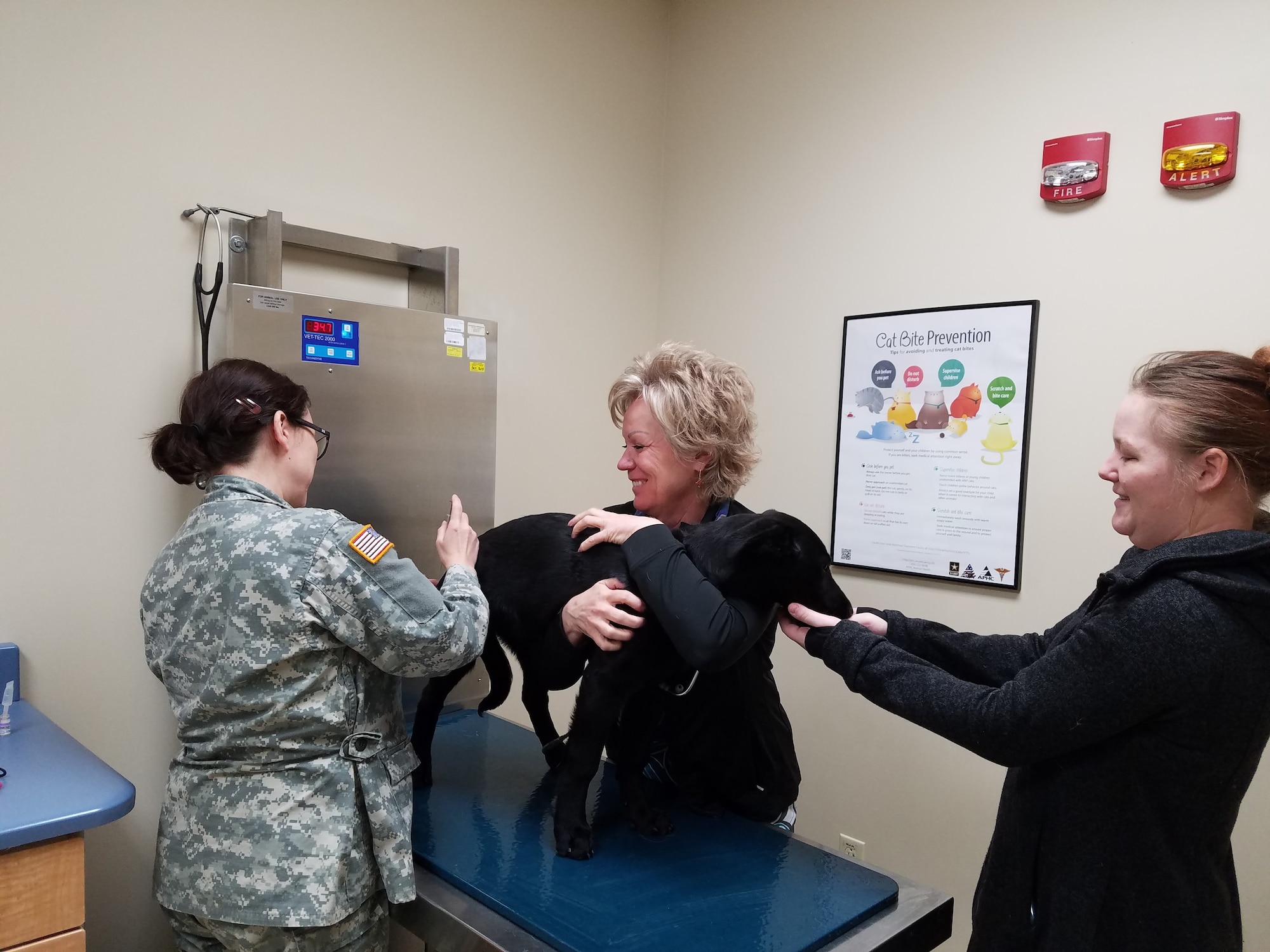 With the help of Sadie’s mom and Robin Demarse, veterinary assistant, Dr. Cassandra Kerwin administers the pup’s vaccinations. (U.S. Air Force photo/Laura McGowan)
