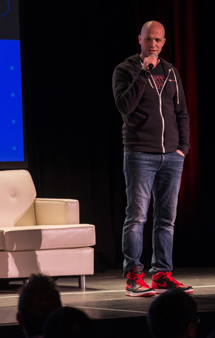 Derek Andersen, Startup Grind founder and chief executive officer, gives opening the remarks at the 2018 Startup Grind Global Conference in Redwood City, California, Feb. 14, 2018. Startup Grind hosts monthly events in 250 cities and 100 countries featuring successful founders, innovators, educators and investors who share personal stories and lessons learned in building companies.