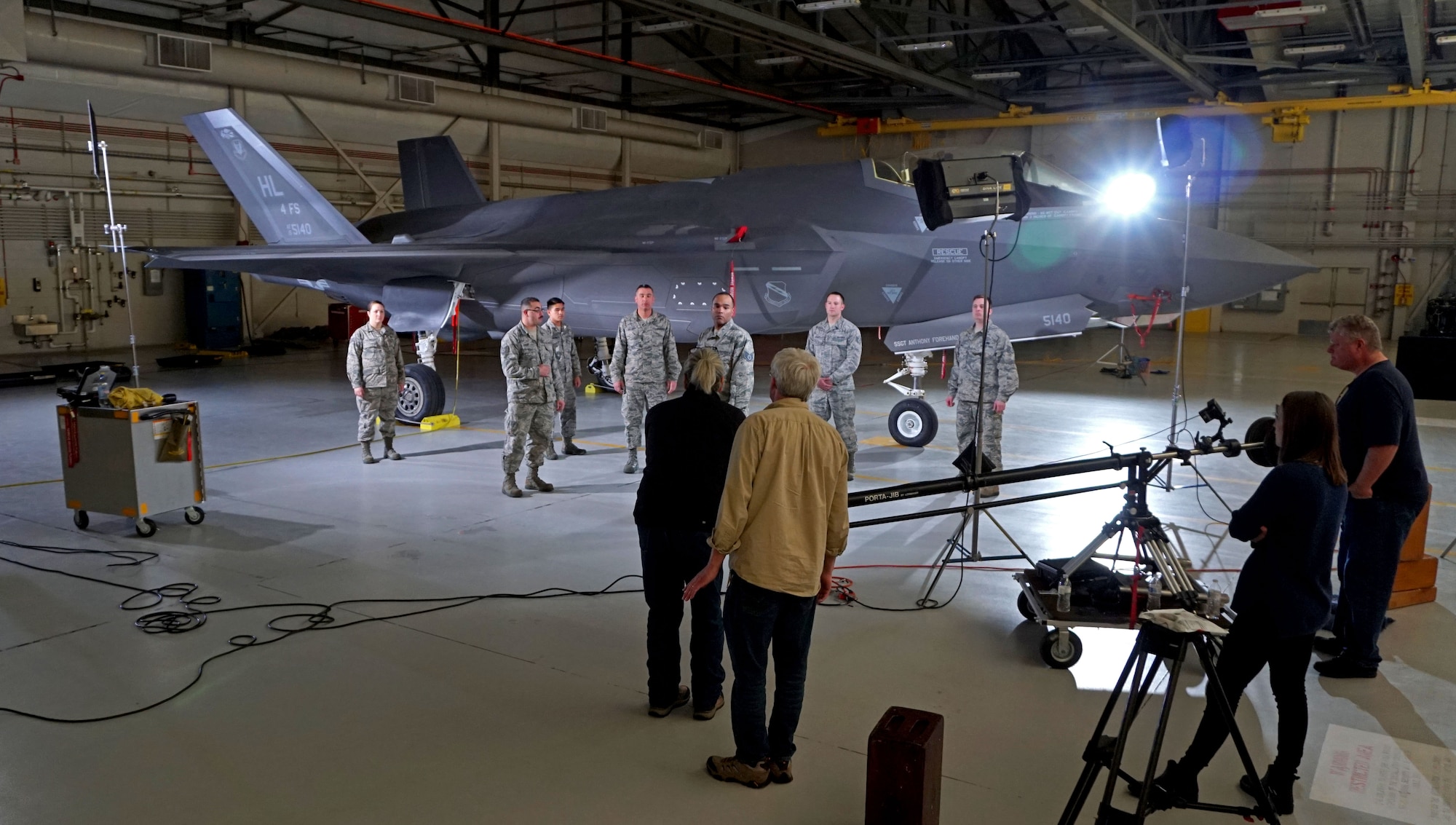 F-35 maintainers from the 419th Aircraft Maintenance Squadron participate in a video shoot for Air Force Reserve recruiting efforts