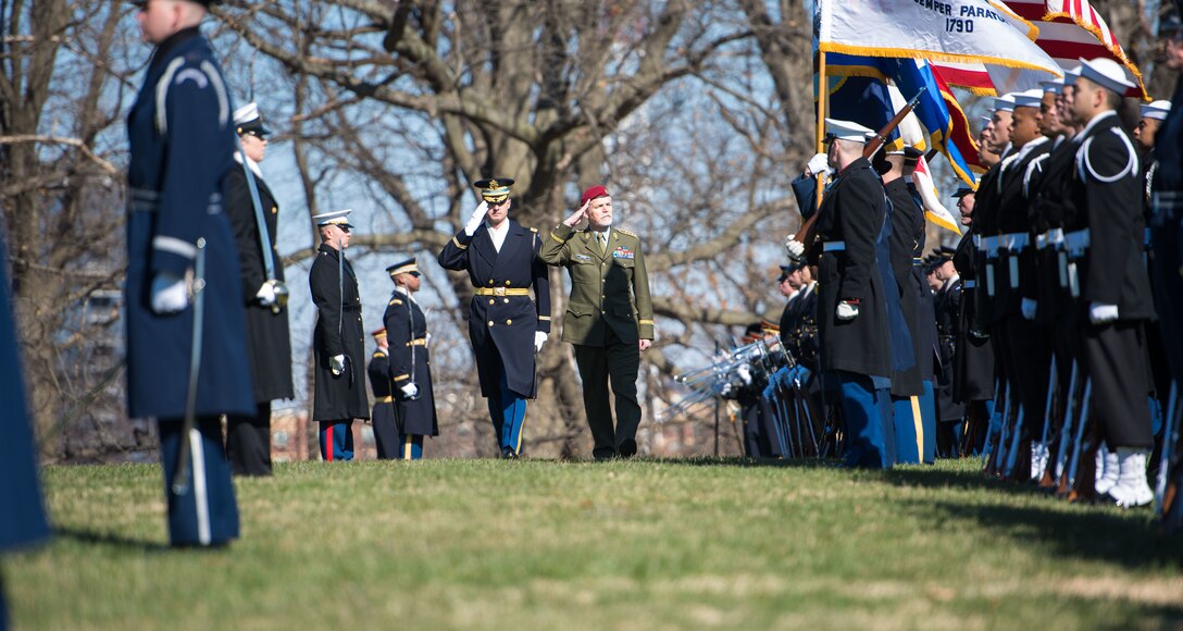 Marine Corps Gen. Joseph F. Dunford, chairman of the Joint Chiefs of Staff, hosts a full honor arrival ceremony for Czech Gen. Petr Pavel, chairman of the NATO Military Committee.