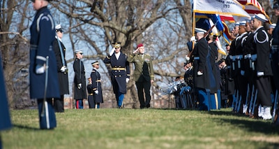 Marine Corps Gen. Joseph F. Dunford, chairman of the Joint Chiefs of Staff, hosts a full honor arrival ceremony for Czech Gen. Petr Pavel, chairman of the NATO Military Committee.