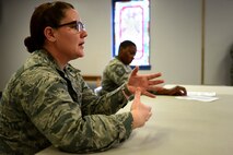 U.S. Air Force Capt. Shirley Ziser, 20th Medical Operations Squadron mental health provider, speaks during a “Let’s Connect Shaw” Women’s Mentorship Forum at Shaw Air Force Base, S.C., Feb. 22, 2018. Ziser, along with other subject matter experts, helped lead the discussion based on the mental domain of Comprehensive Airman Fitness. (U.S. Air Force photo by Senior Airman Kelsey Tucker)