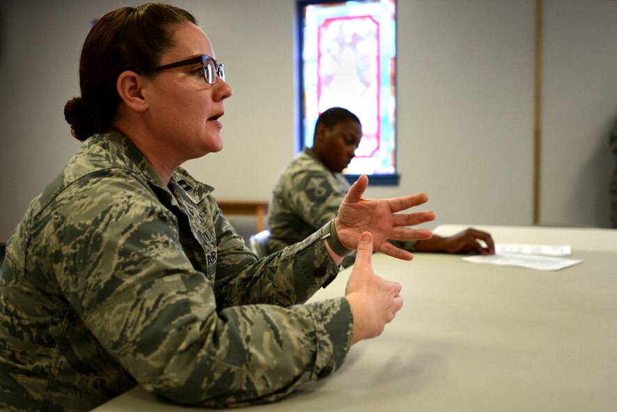 U.S. Air Force Capt. Shirley Ziser, 20th Medical Operations Squadron mental health provider, speaks during a “Let’s Connect Shaw” Women’s Mentorship Forum at Shaw Air Force Base, S.C., Feb. 22, 2018. Ziser, along with other subject matter experts, helped lead the discussion based on the mental domain of Comprehensive Airman Fitness. (U.S. Air Force photo by Senior Airman Kelsey Tucker)